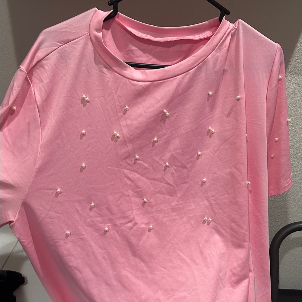 Pink T-Shirt with Pearl Accents